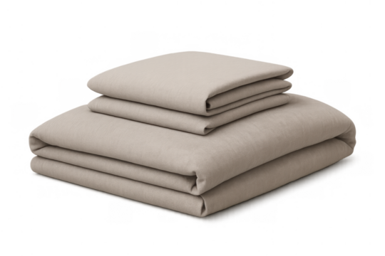 Stack of clean beige folded bed sheets and bedding set, soft linen textile for comfortable resting, transparent background