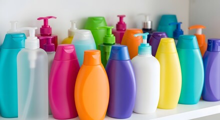 Assortment of colorful plastic bottles displayed on a white shelf in a well lit environment
