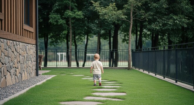 Toddler male child walking on a garden stepping stone path. Modern backyard landscaping with green lawn. Childhood journey and personal growth concept. Secure family home and outdoor living