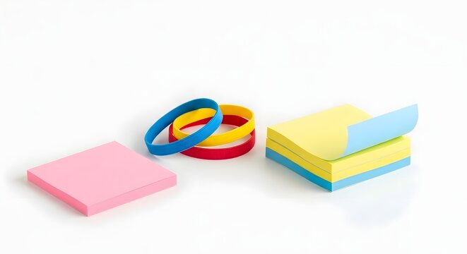 A still life of colorful sticky notes and rubber bands on a plain white surface in a studio setting