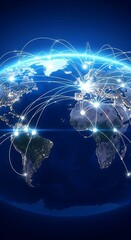 Global Network Connections: Earth with Light Trails and Bright Nodes