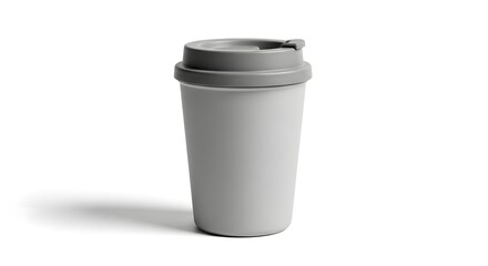 A simple gray coffee cup with a lid on a plain white background casting a soft shadow to the left