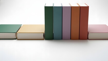 Arrangement of colorful books standing and lying on a white surface in a horizontal format view