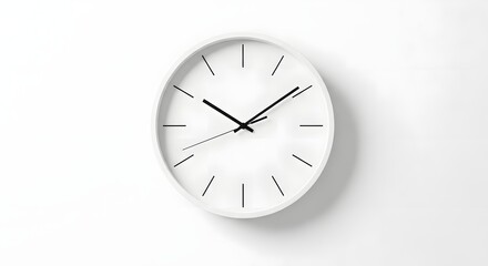 A simple white clock with black hands and markers on a white background in a minimalist style