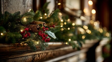 Festive holiday decor with pine garlands, berries, and warm lights in elegant setting