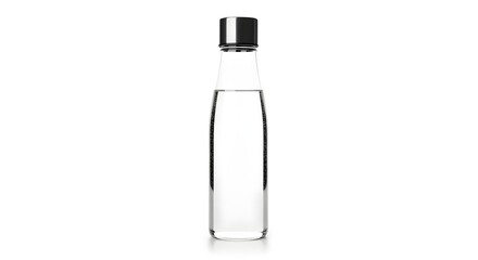 A clear glass bottle with a silver cap filled with water against a white background studio shot