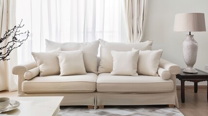 Fototapeta premium Elegant cream-colored furniture set including sofa, chair, table and cabinet enhancing modern home interior with soft neutral tones, bringing warmth and sophistication to living room