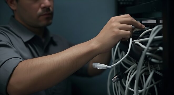 IT professional connecting network cables in server rack