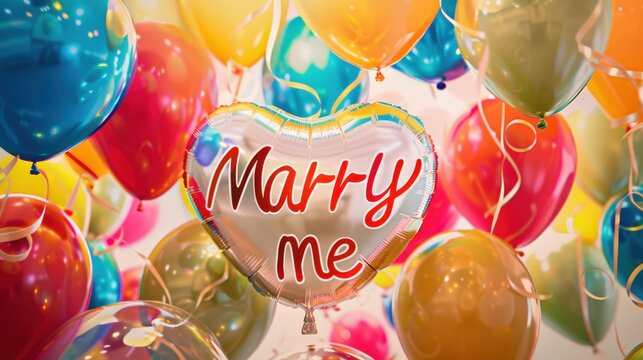 Colorful balloons in various shades surround a heart-shaped balloon with the text 'Marry Me'. The scene conveys a festive and romantic atmosphere.