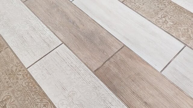 Showroom tile samples camera movement trending Scandinavian and Japandi styles warm greige wood and concrete textures versatile background for mockups and titles