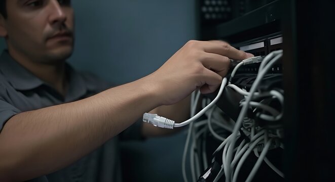 IT Professional Connecting Network Cables in Server Room