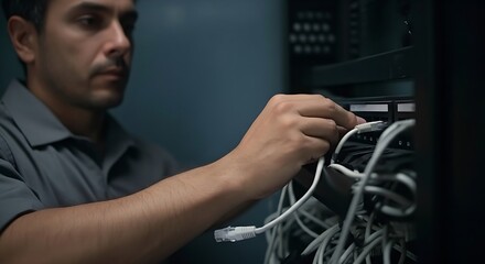 IT professional connecting network cables in a server room
