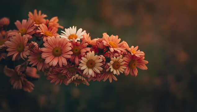Elegant coral chrysanthemums in full bloom create a warm, inviting floral display for springtime celebrations or thoughtful sympathy expressions