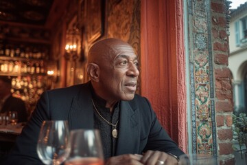 Naklejka premium man, wearing a suite talking passionately during an interview or conversation. A man is sitting at a table in a cozy and stylish restaurant. The man is clearly visible