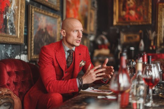 man, wearing a suite talking passionately during an interview or conversation. A man is sitting at a table in a cozy and stylish restaurant. The man is clearly visible