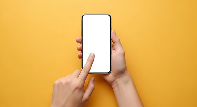 Persons hands holding a smartphone with a blank white screen on a yellow background, ready for content mockup background