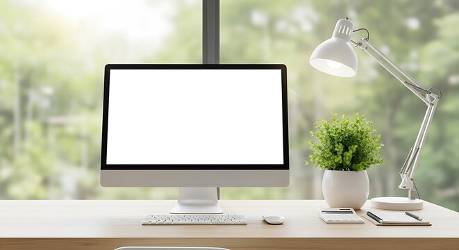 Desktop computer with a blank screen on a wooden desk in front of a window with green foliage view mockup background