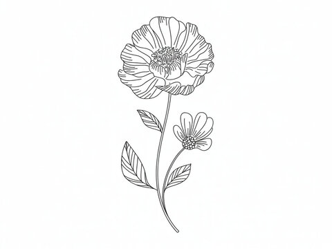 Elegant hand drawn line art illustration of a poppy flower with a smaller bud and leaves on a white background - Powered by Adobe