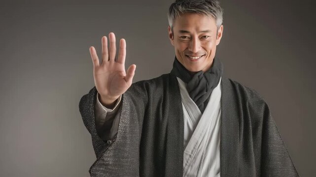 男性が和テイスト上着で丁寧に挨拶