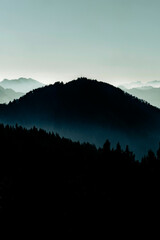 hazy layers of the mountain ridges  in the Lecknertal near Hittisau in Bregenzer Wald in Vorarlberg Austria in autumn light in desaturated style