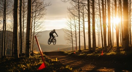Extreme mountain biking athlete in mid air jump. Downhill cycling on a forest trail at sunset. Outdoor adventure and active lifestyle concept. High performance sports competition