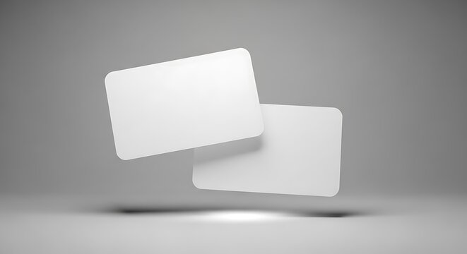Two blank white rounded rectangle cards floating in the air with soft shadows, isolated on grey background mockup background