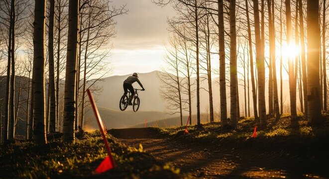 Extreme mountain biking athlete in mid air jump. Downhill cycling on a forest trail at sunset. Outdoor adventure and active lifestyle concept. High performance sports competition