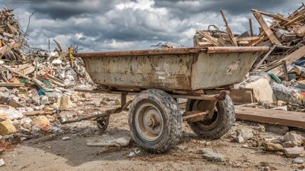 Rusty Construction Dump Cart on Debris in Urban Demolition Site Under Cloudy Sky, Highlighting Industrial Waste and Urban Decay