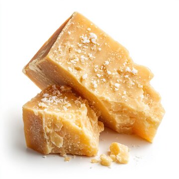 Wedge of aged parmesan cheese with visible tyrosine crystals broken not cut gritty texture isolated on a plain white background