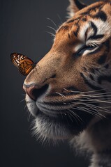Gentle tiger's nose meets delicate butterfly, showcasing nature's surprising and beautiful tranquil moments