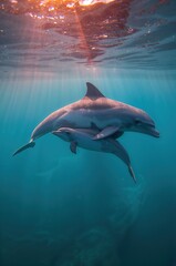 Graceful dolphins swimming together underwater with sunlight streaming through, creating a peaceful scene for marine life lovers