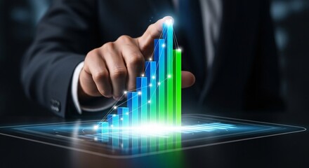 Close-Up Hand Touching Digital Growth Chart &ndash; Business Success and Financial Progress Concept