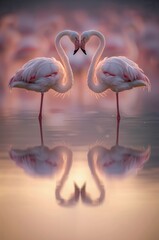 Two elegant flamingos forming a heart shape reflecting in water during a romantic sunset with stunning light