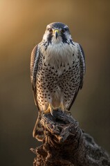 Majestic falcon perched on weathered wood, a symbol of strength and focus, perfect for nature and wildlife projects