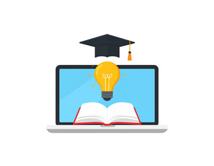 Minimalist E-Learning Icons Set with Laptop, Graduation Cap, and Books, Flat Design PNG