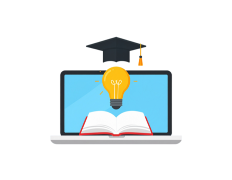 Minimalist E-Learning Icons Set with Laptop, Graduation Cap, and Books, Flat Design PNG - Powered by Adobe