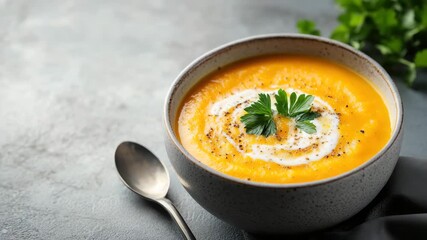 Thick pumpkin soup served in ceramic bowl, topped with cream swirl, ground pepper and parsley leaves. Cozy and healthy meal. Autumn seasonal dish, perfect for lunch or dinner. - Powered by Adobe