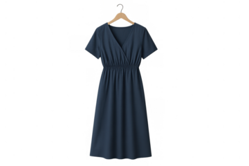 Blue casual midi dress with v-neckline and short sleeves hanging on a wooden hanger, transparent background