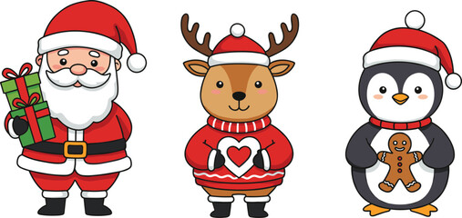 Christmas cartoon characters, Santa Claus, reindeer, penguin, festive outfit, holiday celebration, winter theme, gift box, gingerbread cookie, white background