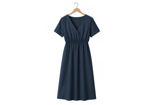 Blue casual midi dress with v-neckline and short sleeves hanging on a wooden hanger, transparent background