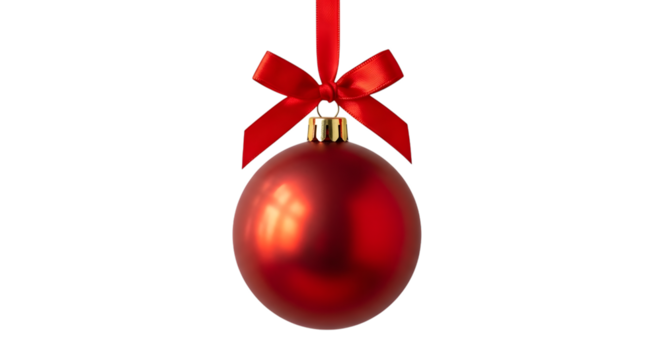 Shiny red oval christmas ornament with a red ribbon and bow hanging against a black background