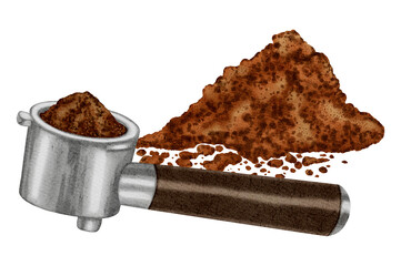 Watercolor filter with ground coffee and coffee beans. A set of watercolor illustrations for coffee shops, cafes, packaging, menus, and product design.