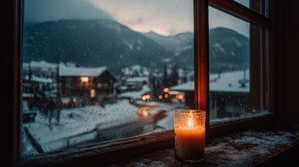 Serene Winter Scene Through a Frosted Window with Soft Candlelight Illuminating the Cozy Interior and a Snowy Landscape Outside
