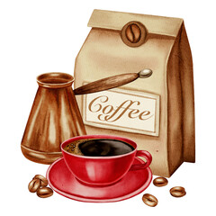 A hand-drawn watercolor illustration of a coffee set with a cezve, cup, and coffee beans, and artisan coffee packaging. Illustrations for coffee shops, cafes, packaging, menus, and product design