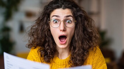 Shocked Woman Surprised By High Utility Bills, Reviewing Bank Documents And Letters, Reacting To Financial News In Disbelief