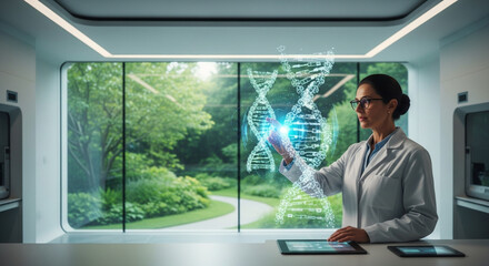 Pioneering Genetic Research: Scientist Manipulating a Luminous DNA Hologram in a Sustainable, Green-Tech Laboratory