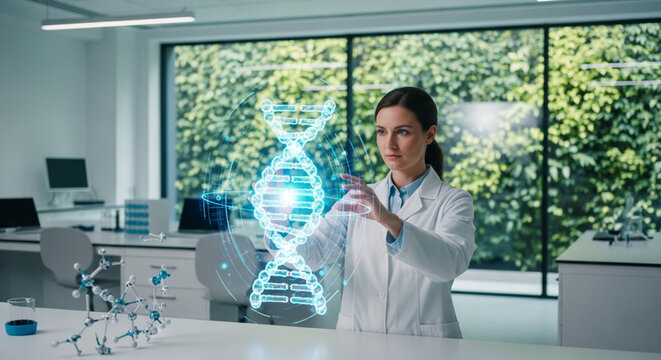 Pioneering Genetic Research: Scientist Manipulating a Luminous DNA Hologram in a Sustainable, Green-Tech Laboratory