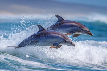 Fototapeta premium Dolphins Jumping out of Ocean Waves in a Playful Display Near the Coast