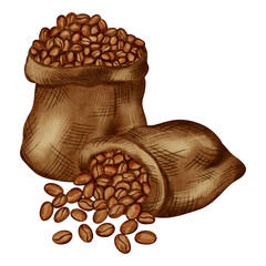 Watercolor illustration of a jute bag containing roasted coffee beans. Illustrations for coffee shops, cafes, packaging, menus, and product design.