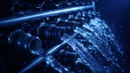 Slowmotion shot of water flowing through reverseosmosis membranes after skid installation illustrating clean water production.